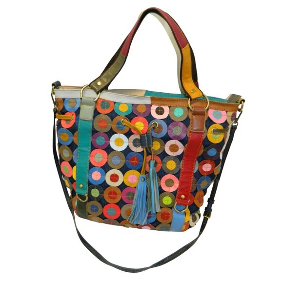 Amerileather Multicolor Lg Leather Tote Bag Colorful Patchwork Tassels Adj Strap - Picture 2 of 16